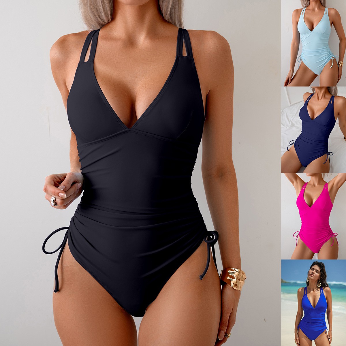 Swimsuit One Piece - Solid Black Swimsuit V Neck Ruched