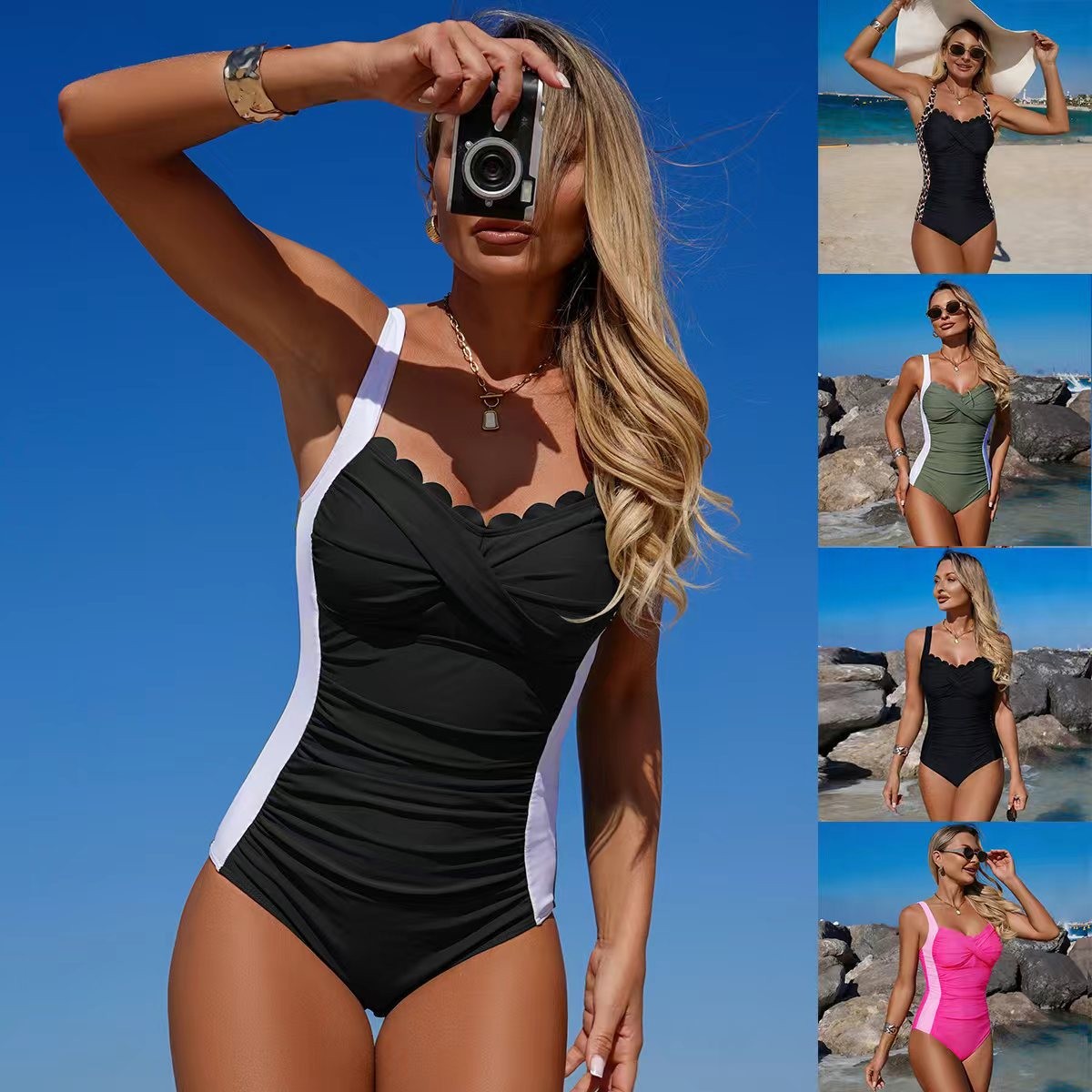 Black Swimsuit Scalloped Neckl - Swimsuit One Piece ulasan dan harga