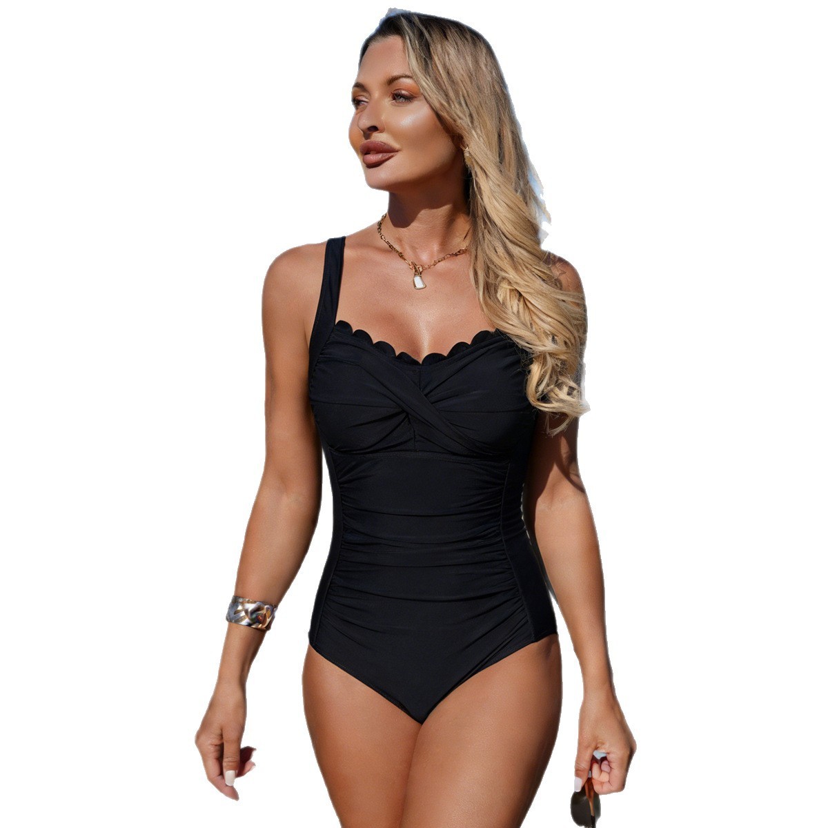 Black Swimsuit Scalloped Neckl - Swimsuit One Piece ulasan dan harga