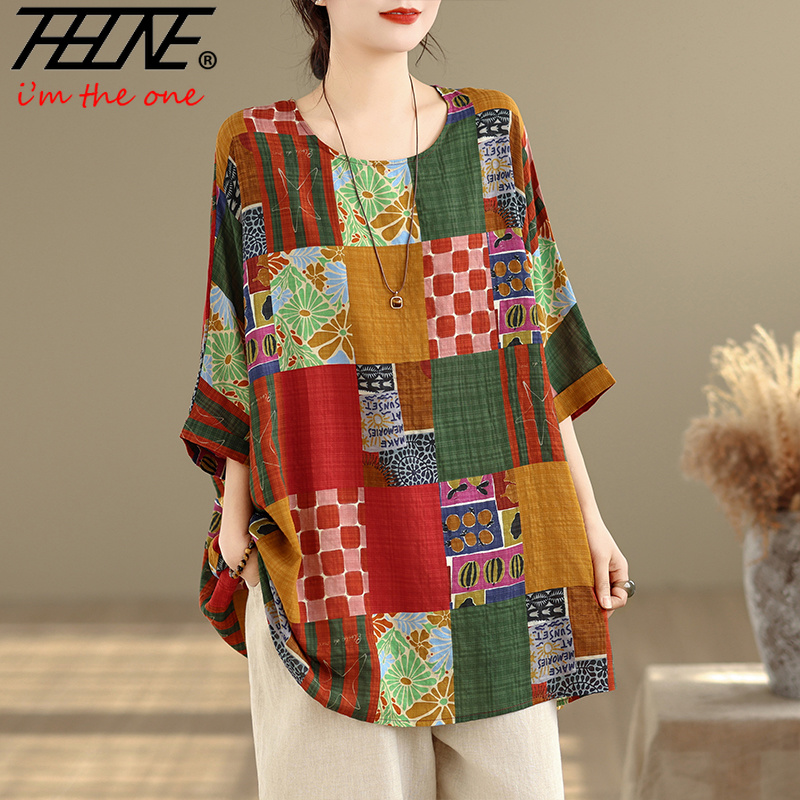 THHONE Women Shirts Print Loos - Summer Clothing Linen ulasan dan harga