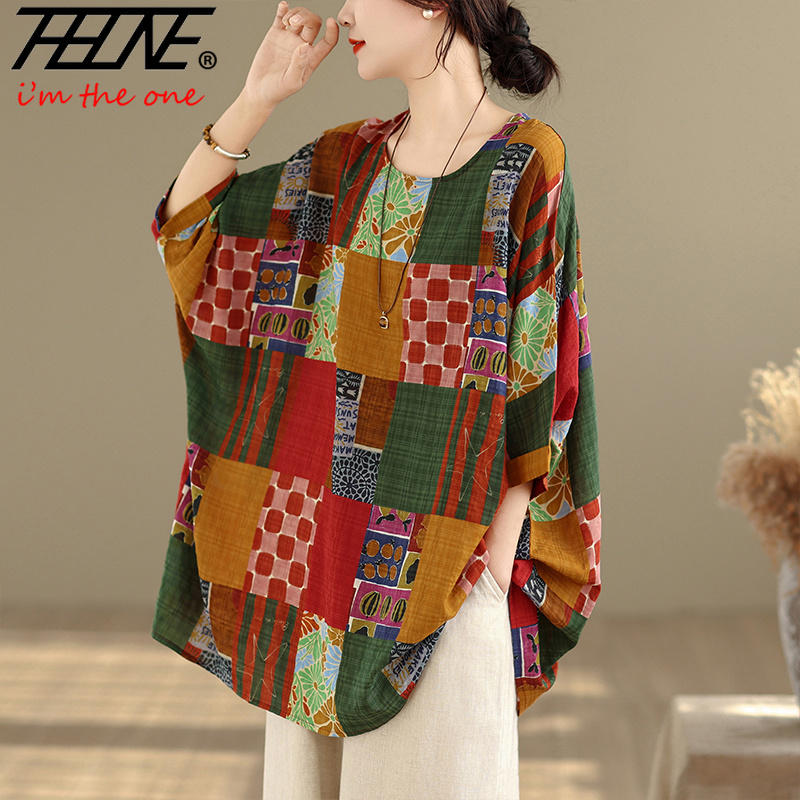 THHONE Women Shirts Print Loos - Summer Clothing Linen ulasan dan harga