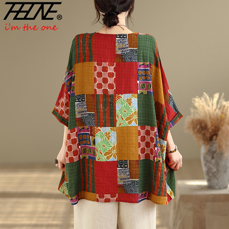 THHONE Women Shirts Print Loos - Summer Clothing Linen ulasan dan harga