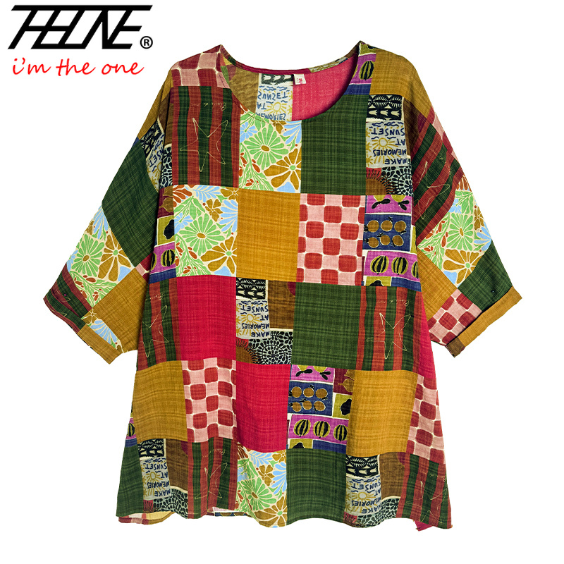 THHONE Women Shirts Print Loos - Summer Clothing Linen ulasan dan harga