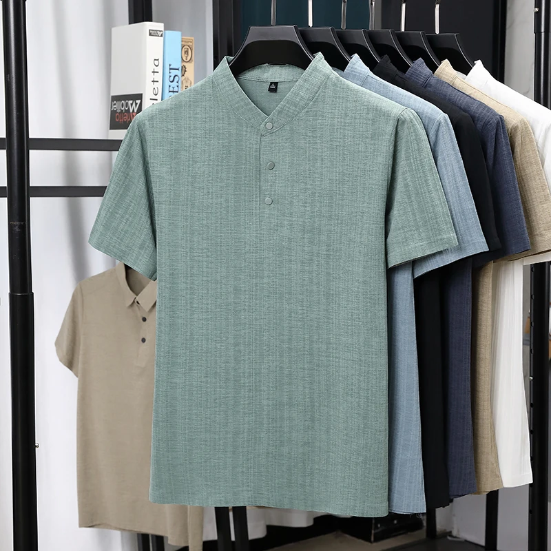 Mens Mandarin Collar Half Plac - Summer Clothing Linen ulasan dan harga