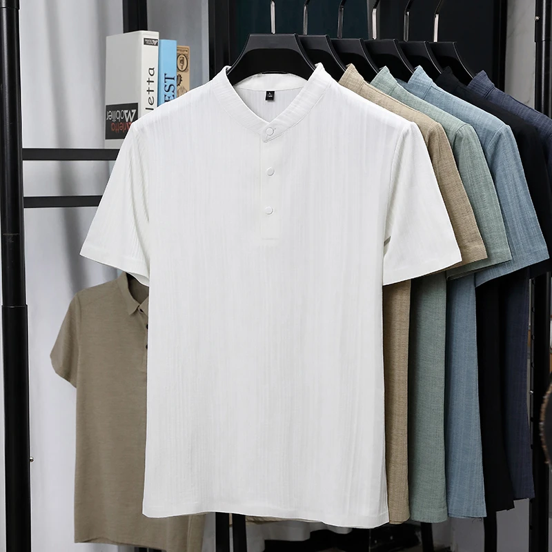 Mens Mandarin Collar Half Plac - Summer Clothing Linen ulasan dan harga