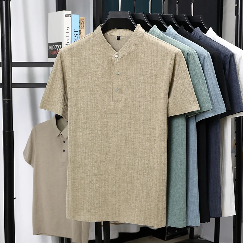 Mens Mandarin Collar Half Plac - Summer Clothing Linen ulasan dan harga