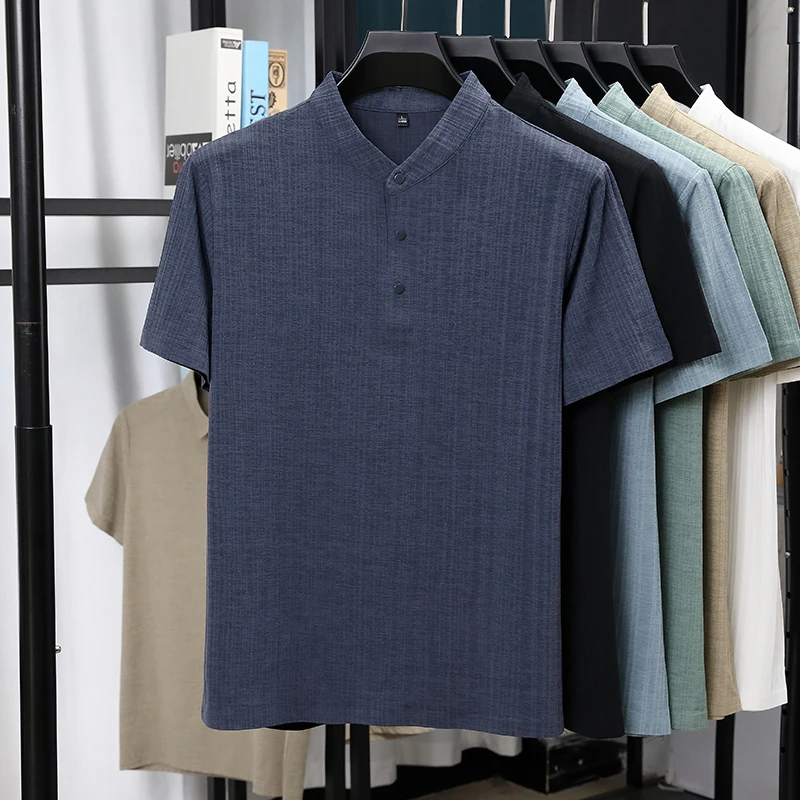 Mens Mandarin Collar Half Plac - Summer Clothing Linen ulasan dan harga