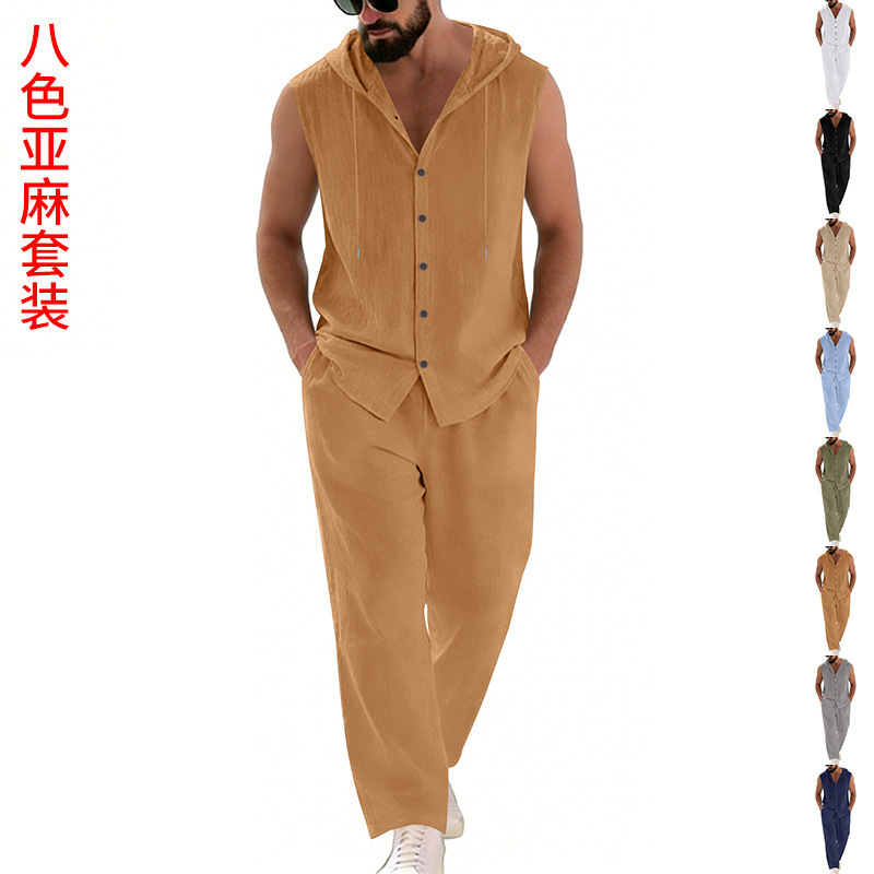 Men's Casual Linen Suit Hooded - Summer Clothing Sets Men ulasan dan harga
